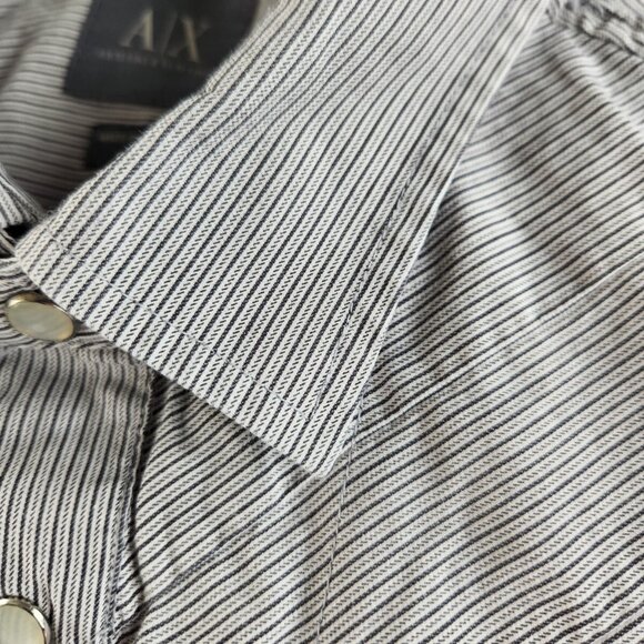 Armani Exchange Large Black White Striped Short Sleeve Pearl Snap Double Collar - Picture 7 of 16